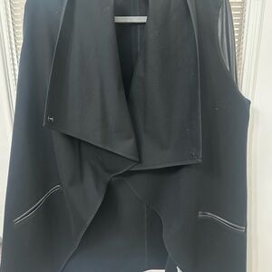 SPANX Black Draped Open-Front Vest with Faux-Leather Trim